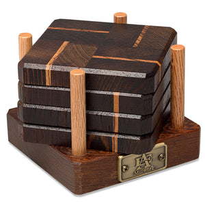 Wenge & Tiger Wood Coasters End Grain Set of 4 with Base at A & E Luxury Home