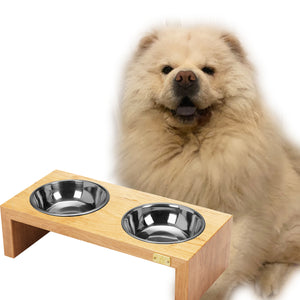 Pet Double Silver Bowl Feeder Luxury Cherry Wood Station Large