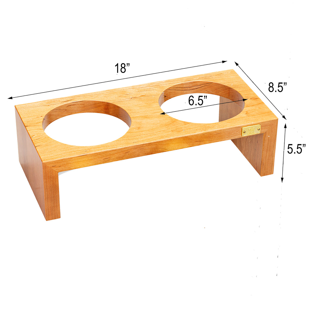 Pet Double Silver Bowl Feeder Luxury Cherry Wood Station Small
