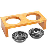Pet Double Silver Bowl Feeder Luxury Cherry Wood Station Small