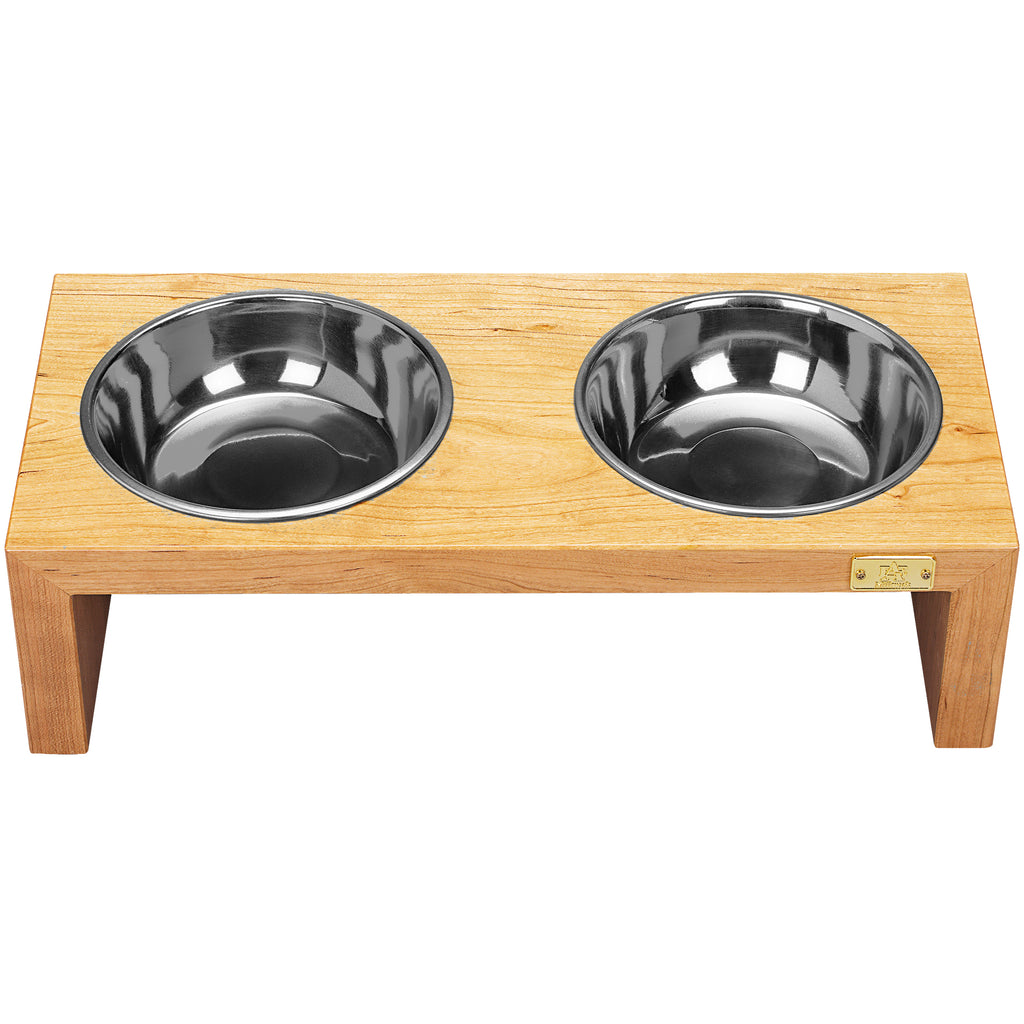 Pet Double Silver Bowl Feeder Luxury Cherry Wood Station Large