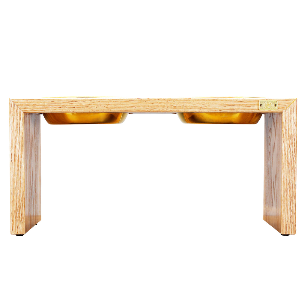 Pet Double Silver Bowl Feeder Luxury Oak Wood Station Large