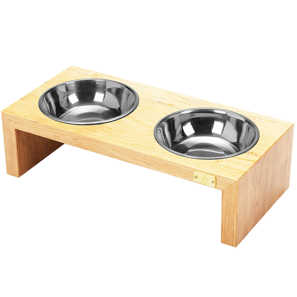 Pet Double Silver Bowl Feeder Luxury Oak Wood Station Large