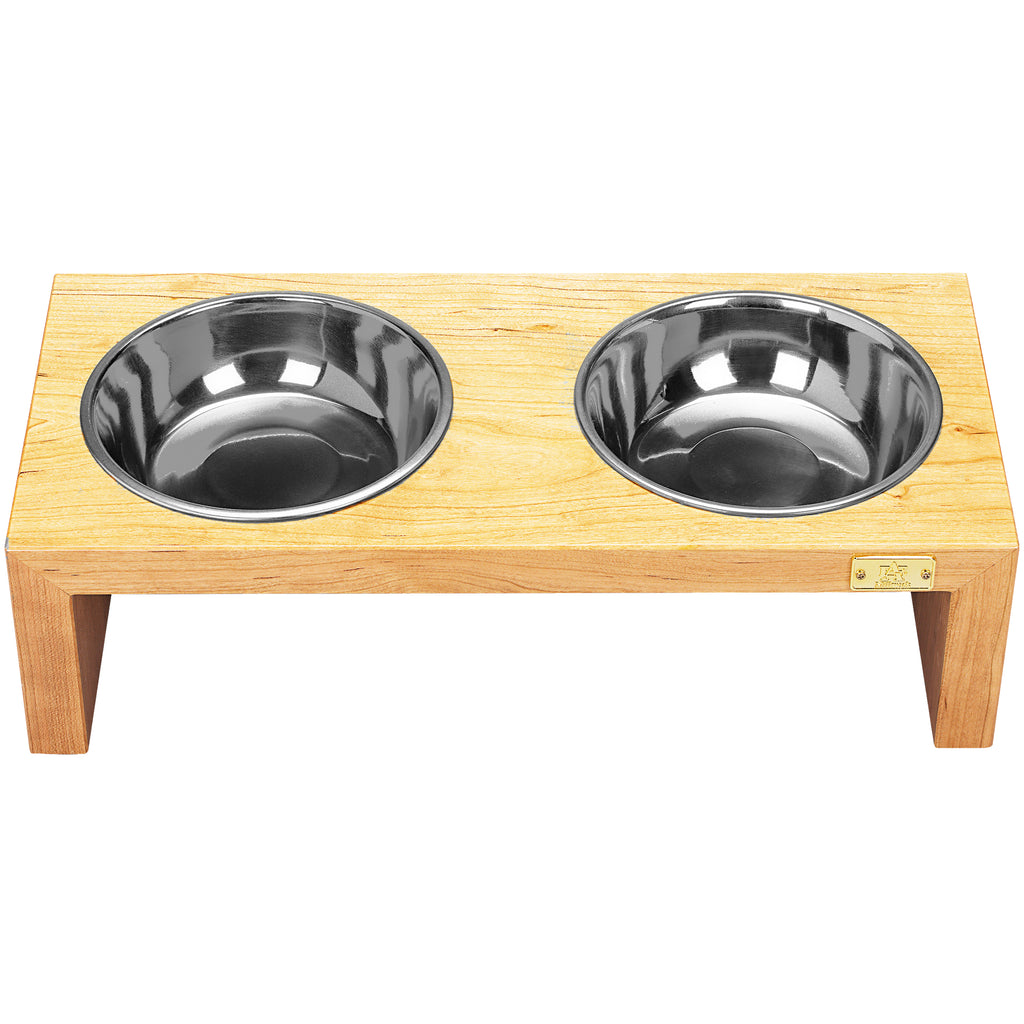 Pet Double Silver Bowl Feeder Luxury Oak Wood Station Large
