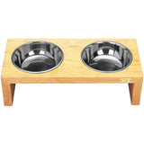 Pet Double Silver Bowl Feeder Luxury Oak Wood Station Large