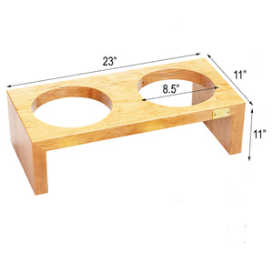 Pet Double Silver Bowl Feeder Luxury Oak Wood Station Large
