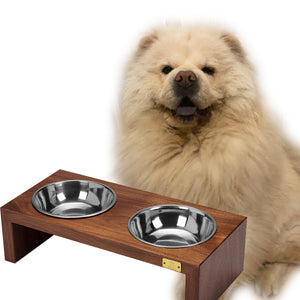 Pet Double Silver Bowl Feeder Luxury Walnut Wood Station Small
