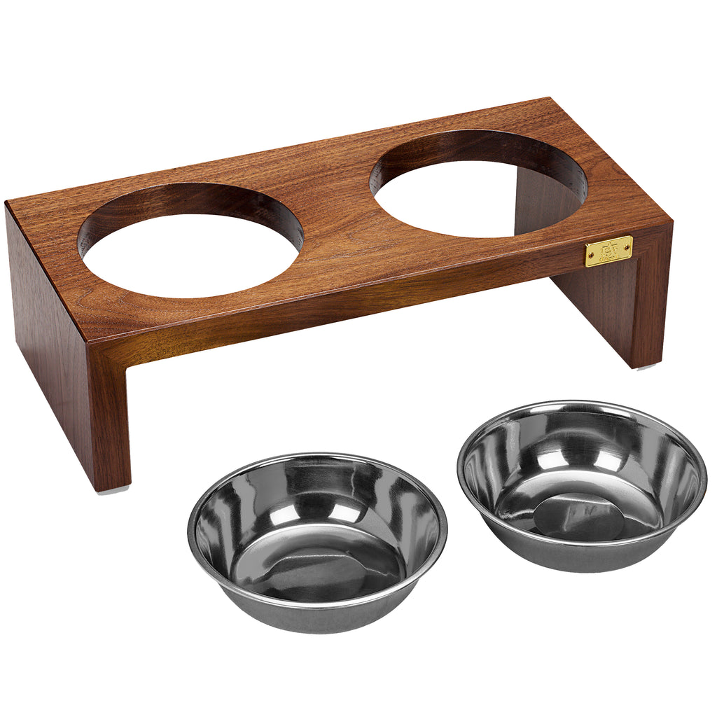 Pet Double Silver Bowl Feeder Luxury Walnut Wood Station Large