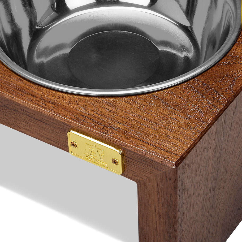 Pet Double Silver Bowl Feeder Luxury Walnut Wood Station Small