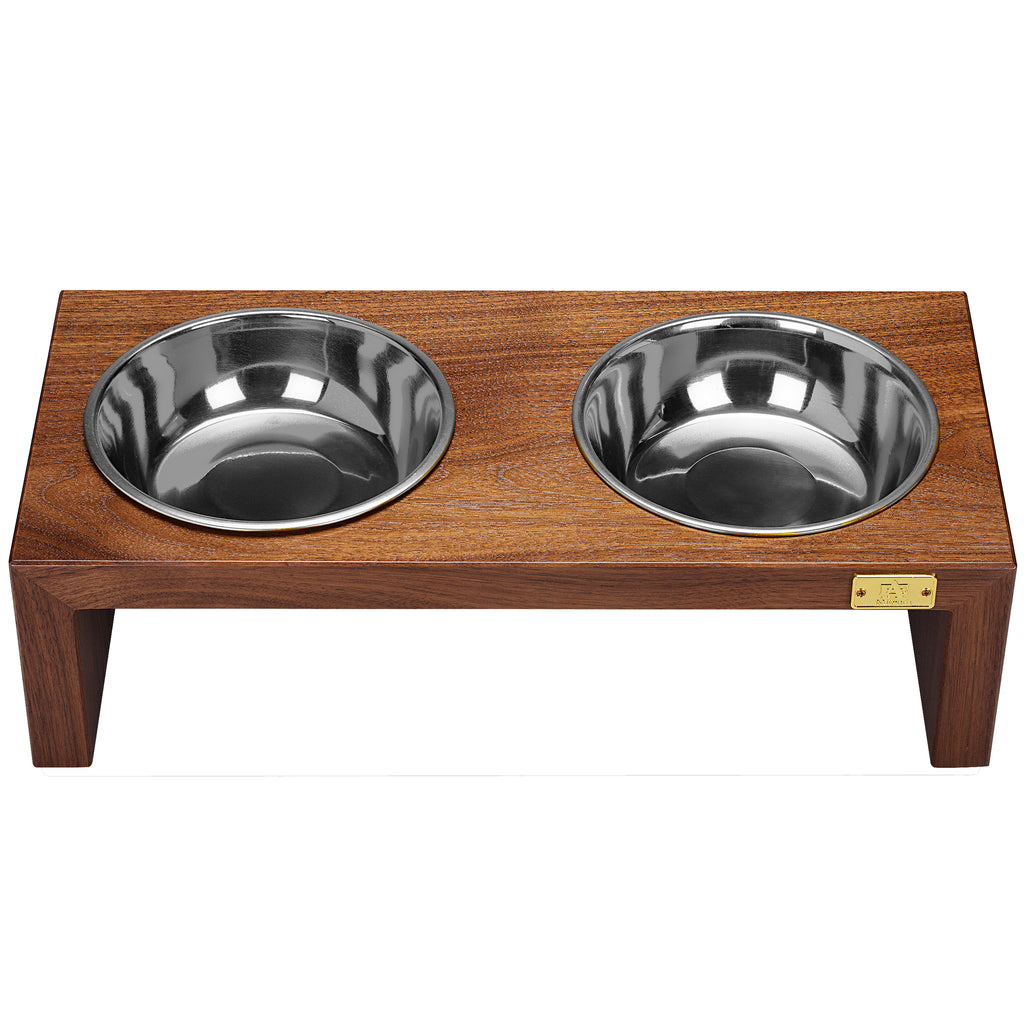 Pet Double Silver Bowl Feeder Luxury Walnut Wood Station Large