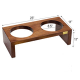 Pet Double Silver Bowl Feeder Luxury Walnut Wood Station Large