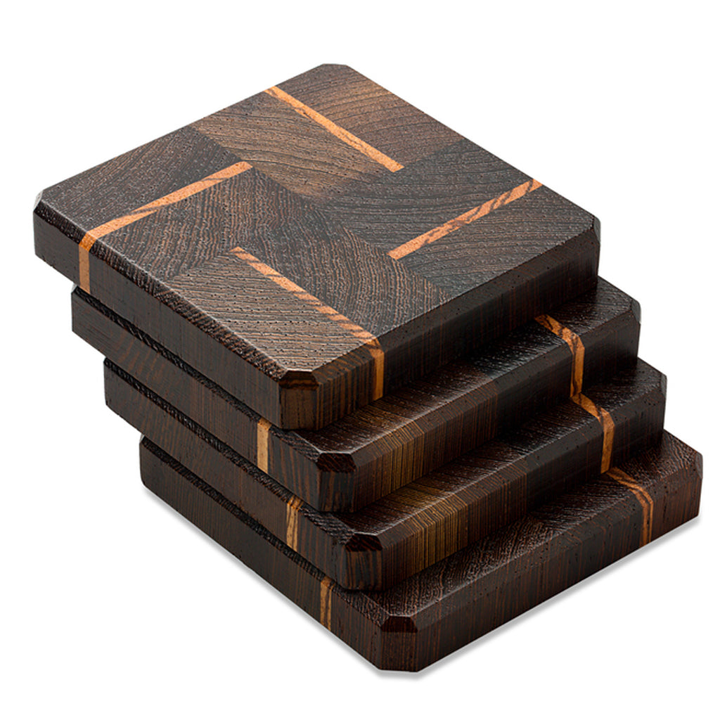 Wenge & Tiger Wood Coasters End Grain Set of 4 with Base