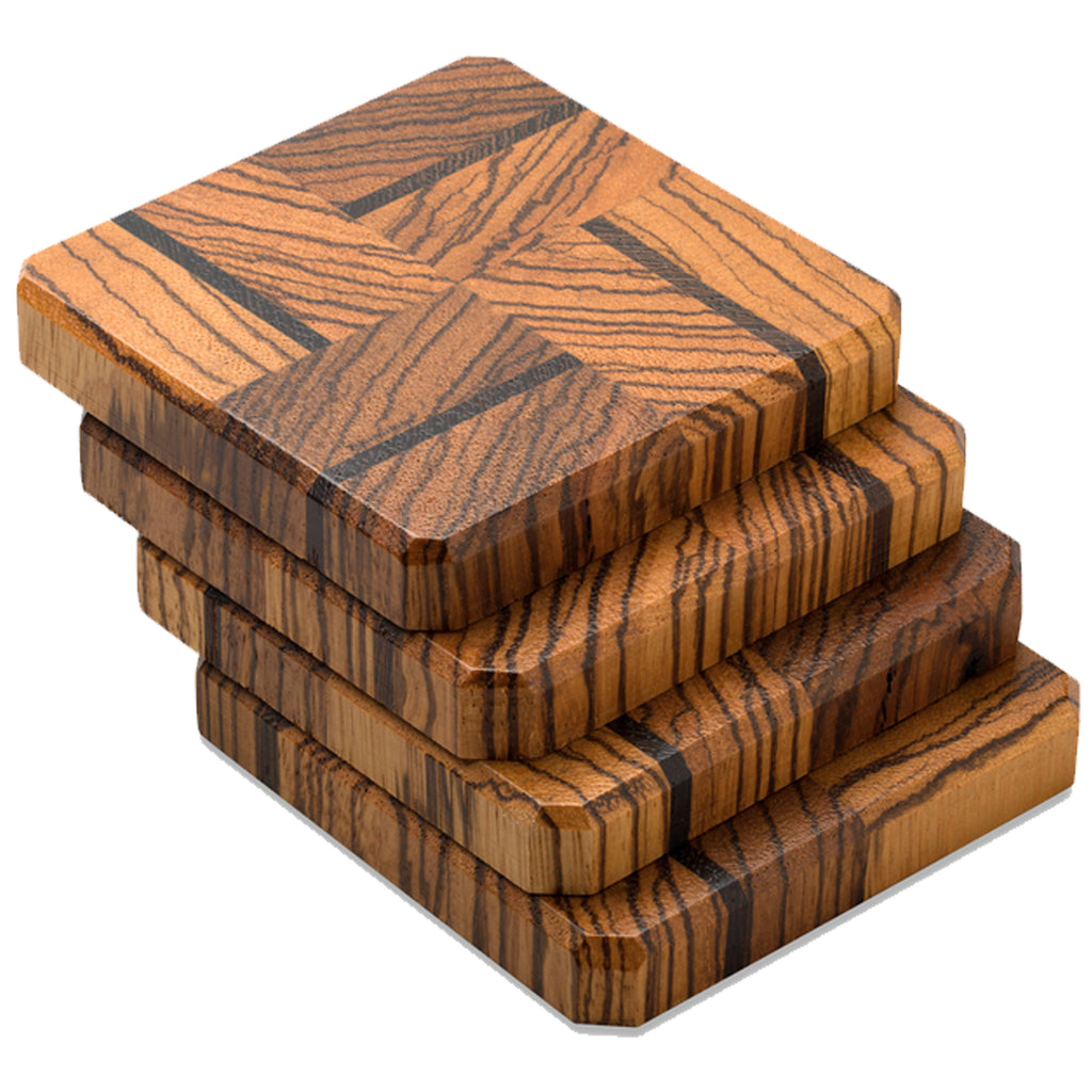 A & E Millwork Aem-5016 Tiger & Wenge Wood Coasters End Grain with Base - Set of 4, Size: 3.5 x 3.5, Brown
