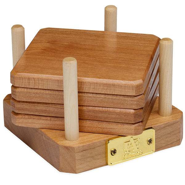 Cherry Wood Coasters Edge Grain Set of 4 and Base | AE Luxury Home