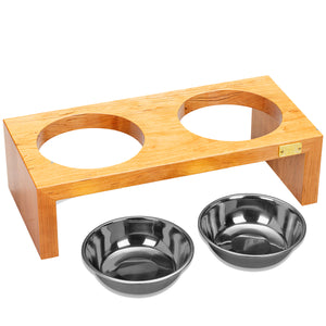 Pet Double Silver Bowl Feeder Luxury Cherry Wood Station Small