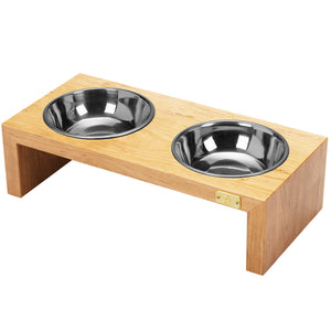 Pet Double Silver Bowl Feeder Luxury Cherry Wood Station Large
